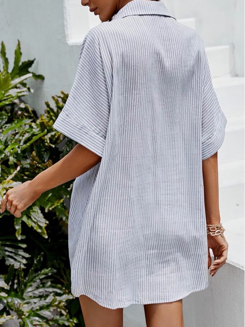 Cupshe Blue & White Striped Tie-Front Mini Shirt Dress - Picture 2 of 3